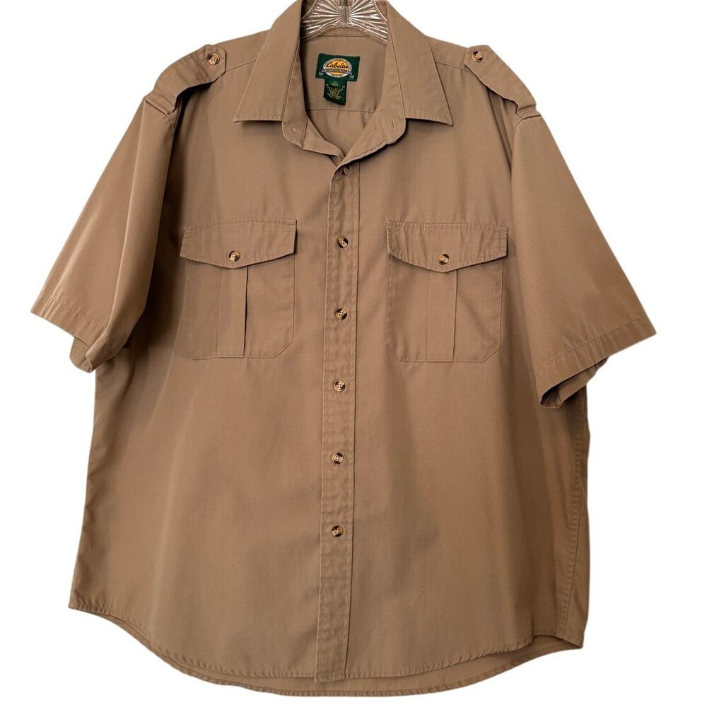 Cabela’s Men’s XL Safari Utility Shirt Khaki Tan Short Sleeve Outdoor Fishing